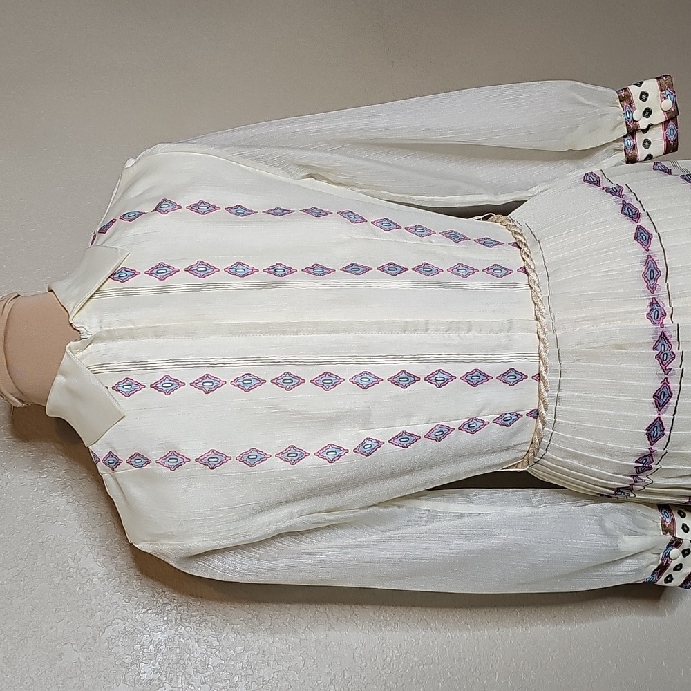 Vintage Alfred Shaheen 70s Hostess Dress Long Sleeve Maxi Custom Print Ivory 6/8 - Picture 8 of 14